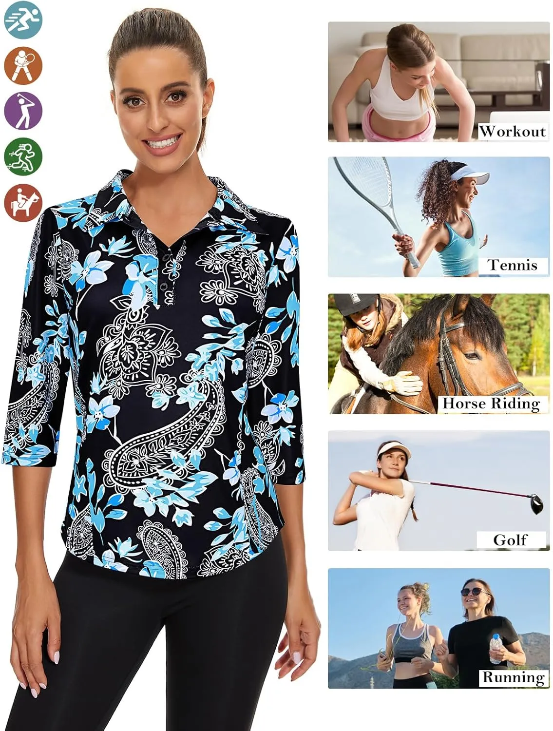 Zamowoty Women's 3/4 Sleeve Golf Tennis Polo Shirts 4-Button Dry Fit Workout Tops Athletic Shirt UPF50 
