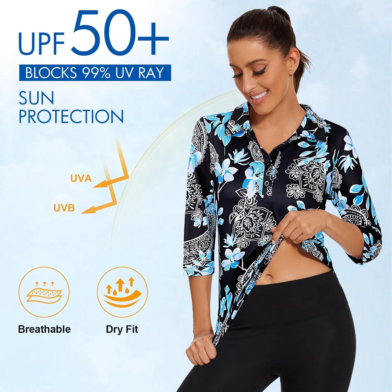 Zamowoty Women's 3/4 Sleeve Golf Tennis Polo Shirts 4-Button Dry Fit Workout Tops Athletic Shirt UPF50 