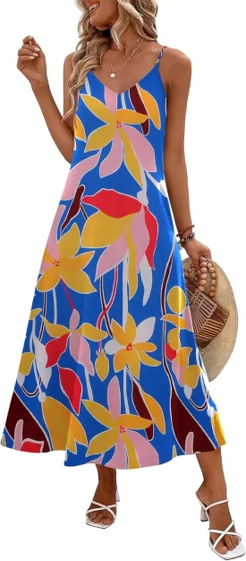 Zeagoo Womens Summer Maxi Dress Spaghetti Strap Casual Printed Dress Boho Floral Beach Sundress,